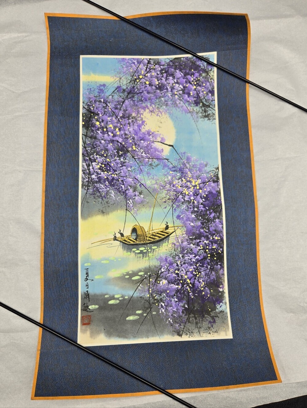 CHINESE ORIGINAL WATERCOLOR PAINTING SIGNED Boat Scene